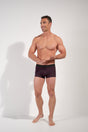 Full-body view of a men model wearing HO red print modal/viscose/tencel Trunk