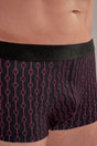 Close-up view of a men model wearing HO red print modal/viscose/tencel Trunk