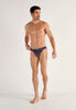 Full-body view of a men model wearing HO black print  Comfort Micro Briefs