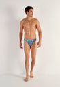 Full-body view of a men model wearing HO blue print  Comfort Micro Briefs