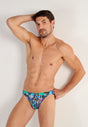 Front view of a men model wearing HO navy blue print  Comfort Micro Briefs