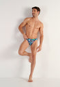 Full-body view of a men model wearing HO navy blue print  Comfort Micro Briefs