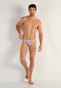 Full-body view of a men model wearing HO white print  G-String