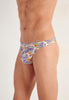 Close-up view of a men model wearing HO white print  G-String