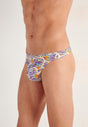 Close-up view of a men model wearing HO white print  G-String