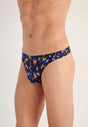 Close-up view of a men model wearing HO black print  G-String