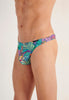 Close-up view of a men model wearing HO multico print  G-String