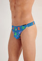Close-up view of a men model wearing HO blue print  G-String