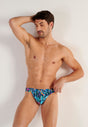 Front view of a men model wearing HO navy blue print  G-String