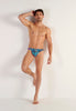 Full-body view of a men model wearing HO navy blue print  G-String