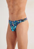 Close-up view of a men model wearing HO navy blue print  G-String