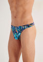Close-up view of a men model wearing HO navy blue print  G-String
