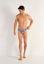 Full-body view of a men model wearing HO navy print  G-String