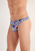 Close-up view of a men model wearing HO navy print  G-String