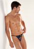 Front view of a men model wearing HO black print  Tanga Briefs