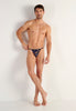 Full-body view of a men model wearing HO black print  Tanga Briefs