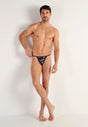 Full-body view of a men model wearing HO black print  Tanga Briefs