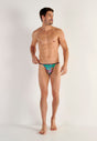 Full-body view of a men model wearing HO multico print  Tanga Briefs
