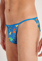 Close-up view of a men model wearing HO blue print  Tanga Briefs