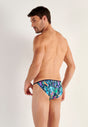 Back view of a men model wearing HO navy blue print  Tanga Briefs
