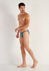 Full-body view of a men model wearing HO navy blue print  Tanga Briefs
