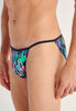 Close-up view of a men model wearing HO navy blue print  Tanga Briefs