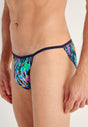 Close-up view of a men model wearing HO navy blue print  Tanga Briefs