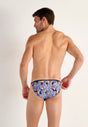 Back view of a men model wearing HO navy print  Tanga Briefs