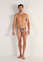 Full-body view of a men model wearing HO navy print  Tanga Briefs