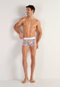 Full-body view of a men model wearing HO white print  Trunk