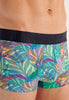 Close-up view of a men model wearing HO multico print  Trunk