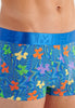 Close-up view of a men model wearing HO blue print  Trunk