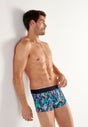 Front view of a men model wearing HO navy blue print  Trunk
