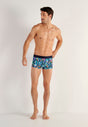 Full-body view of a men model wearing HO navy blue print  Trunk