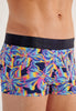 Close-up view of a men model wearing HO navy print  Trunk