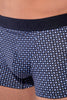 Close-up view of a men model wearing HO navy print modal/viscose/tencel Boxer Briefs HO1