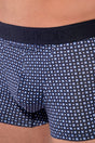 Close-up view of a men model wearing HO navy print modal/viscose/tencel Boxer Briefs HO1