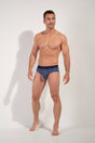 Full-body view of a men model wearing HO navy print modal/viscose/tencel Briefs HO1