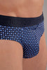 Close-up view of a men model wearing HO navy print modal/viscose/tencel Briefs HO1
