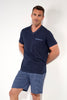 Front view of a men model wearing HO navy print cotton Short Sleepwear