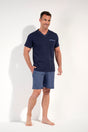 Full-body view of a men model wearing HO navy print cotton Short Sleepwear