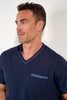 Close-up view of a men model wearing HO navy print cotton Short Sleepwear