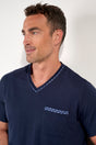 Close-up view of a men model wearing HO navy print cotton Short Sleepwear