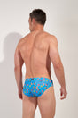 Back view of a men model wearing HO blue print  Swim Mini Briefs