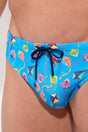 Close-up view of a men model wearing HO blue print  Swim Mini Briefs