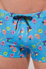 Close-up view of a men model wearing HO blue print  Swim Shorts