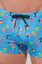 Close-up view of a men model wearing HO blue print  Swim Shorts