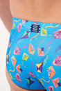 General view of a men model wearing HO blue print  Swim Shorts