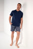 Full-body view of a men model wearing HO navy print cotton Short Sleepwear