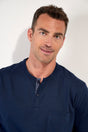 Close-up view of a men model wearing HO navy print cotton Short Sleepwear